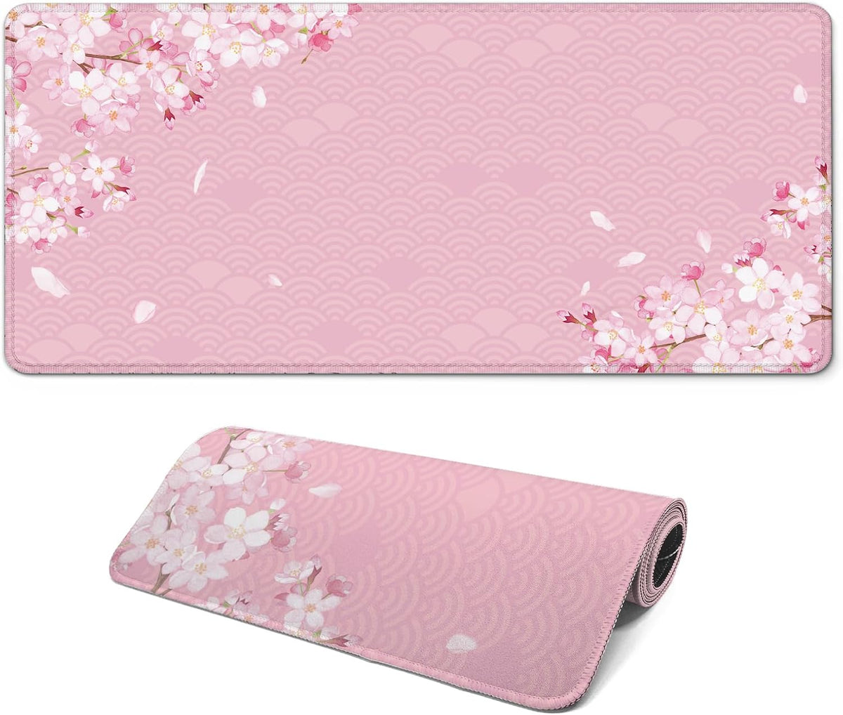 Gaming Mouse Pad with Anti-Slip Rubber Base, Extended Large Computer Mouse Mat with Stitched Edges, Long XL Anime Mousepad for Laptop and Keyboard, 31.5 x 11.8 inch (Pink Cherry Blossom)