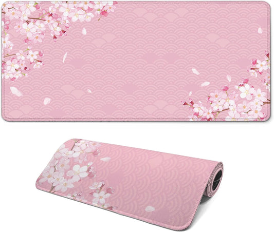 Gaming Mouse Pad with Anti-Slip Rubber Base, Extended Large Computer Mouse Mat with Stitched Edges, Long XL Anime Mousepad for Laptop and Keyboard, 31.5 x 11.8 inch (Pink Cherry Blossom)
