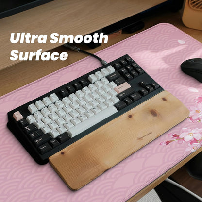 Gaming Mouse Pad with Anti-Slip Rubber Base, Extended Large Computer Mouse Mat with Stitched Edges, Long XL Anime Mousepad for Laptop and Keyboard, 31.5 x 11.8 inch (Pink Cherry Blossom)