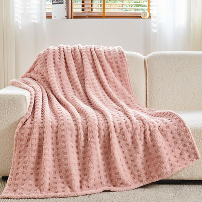 NEWCOSPLAY Super Soft Throw Blanket Pink Premium Silky Flannel Fleece 3D Waffle Checkered Lightweight Bed Blanket All Season Use (Pink, Throw(50"x70"))
