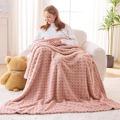 NEWCOSPLAY Super Soft Throw Blanket Pink Premium Silky Flannel Fleece 3D Waffle Checkered Lightweight Bed Blanket All Season Use (Pink, Throw(50"x70"))