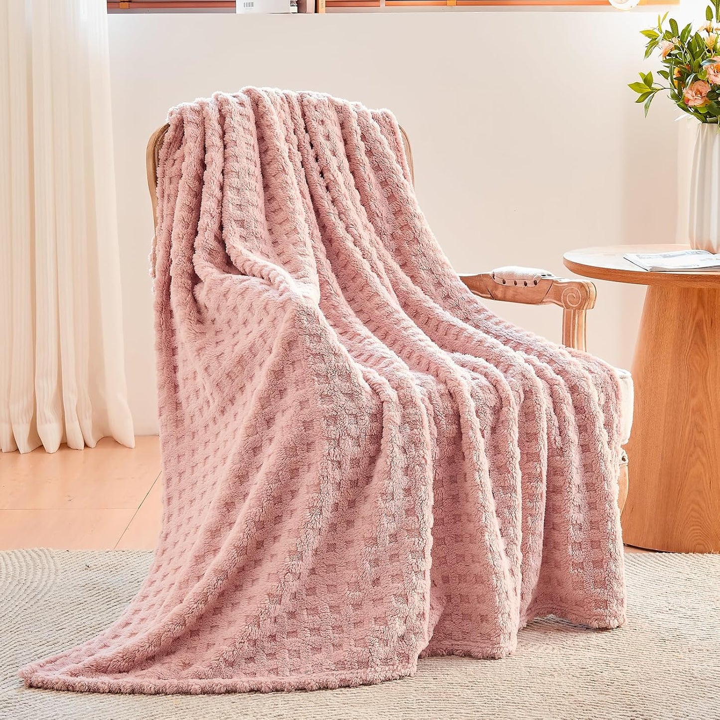 NEWCOSPLAY Super Soft Throw Blanket Pink Premium Silky Flannel Fleece 3D Waffle Checkered Lightweight Bed Blanket All Season Use (Pink, Throw(50"x70"))