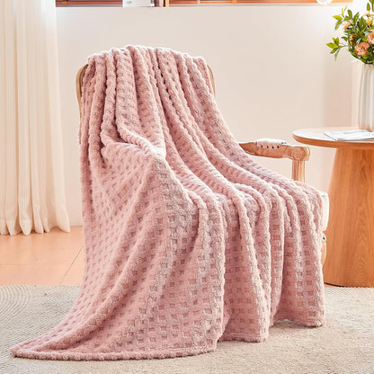 NEWCOSPLAY Super Soft Throw Blanket Pink Premium Silky Flannel Fleece 3D Waffle Checkered Lightweight Bed Blanket All Season Use (Pink, Throw(50"x70"))