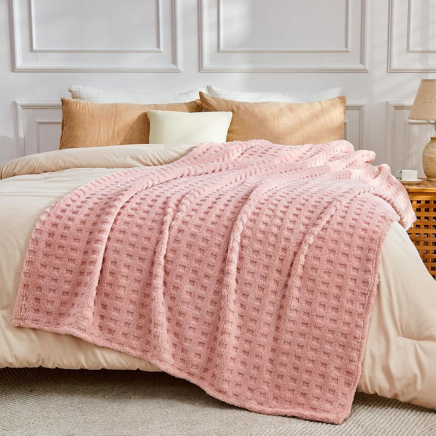 NEWCOSPLAY Super Soft Throw Blanket Pink Premium Silky Flannel Fleece 3D Waffle Checkered Lightweight Bed Blanket All Season Use (Pink, Throw(50"x70"))