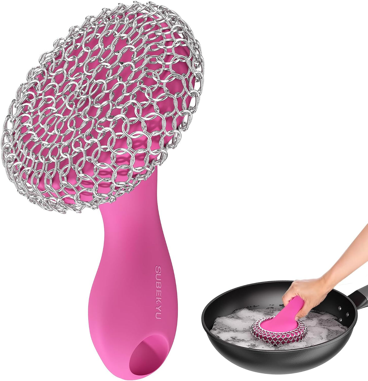 Cast Iron Scrubber with Silicone Handle, Stainless Steel Skillet Cleaner for Cast Iron Pans (Pink)
