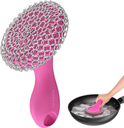 Cast Iron Scrubber with Silicone Handle, Stainless Steel Skillet Cleaner for Cast Iron Pans (Pink)
