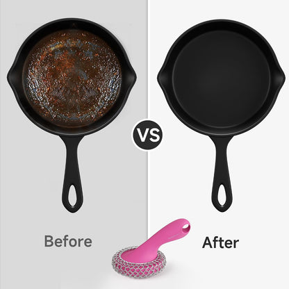 Cast Iron Scrubber with Silicone Handle, Stainless Steel Skillet Cleaner for Cast Iron Pans (Pink)