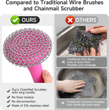 Cast Iron Scrubber with Silicone Handle, Stainless Steel Skillet Cleaner for Cast Iron Pans (Pink)