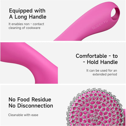 Cast Iron Scrubber with Silicone Handle, Stainless Steel Skillet Cleaner for Cast Iron Pans (Pink)