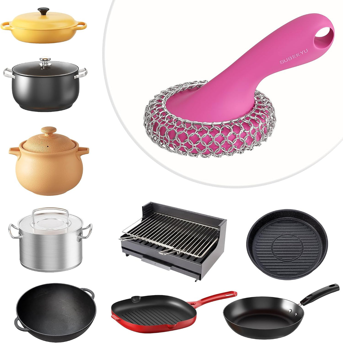 Cast Iron Scrubber with Silicone Handle, Stainless Steel Skillet Cleaner for Cast Iron Pans (Pink)