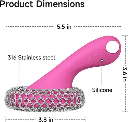 Cast Iron Scrubber with Silicone Handle, Stainless Steel Skillet Cleaner for Cast Iron Pans (Pink)