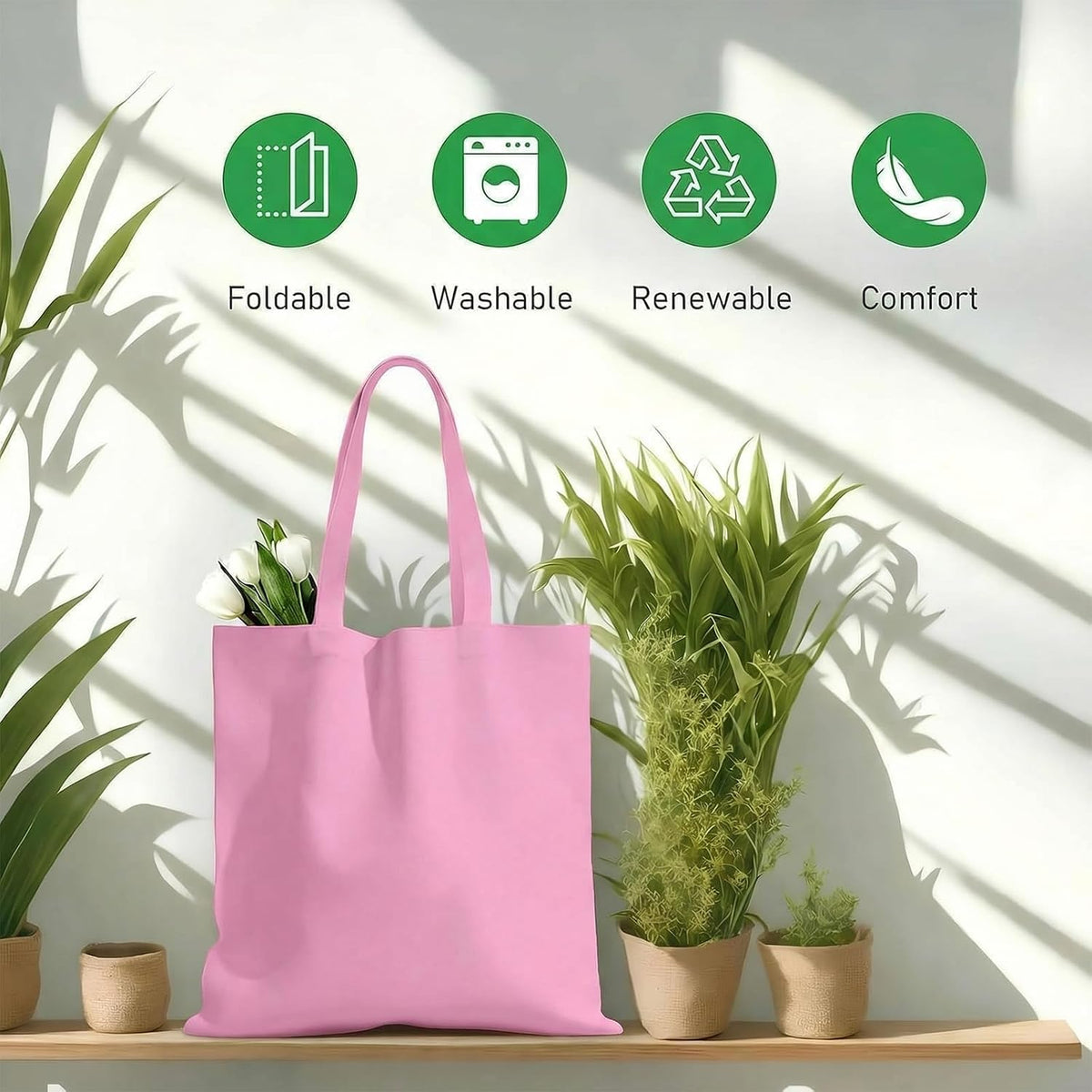 1 Pack Canvas Tote Bags With Handle, Canvas Shopping Bag, Pink