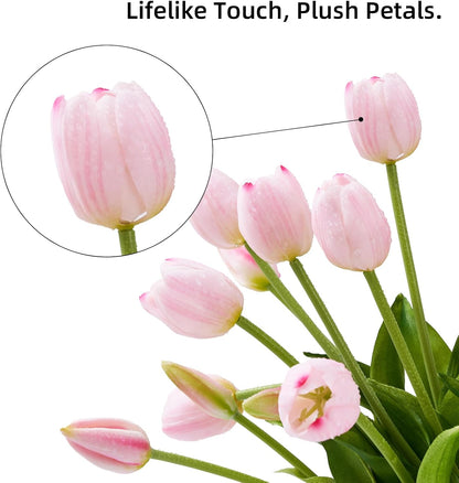 Real Touch Tulips Artificial Flowers, 15.8" Latex Faux Tulip Bouquet 10pcs Realistic Fake Tulips for Wedding Centerpiece Home Decor，Pink
