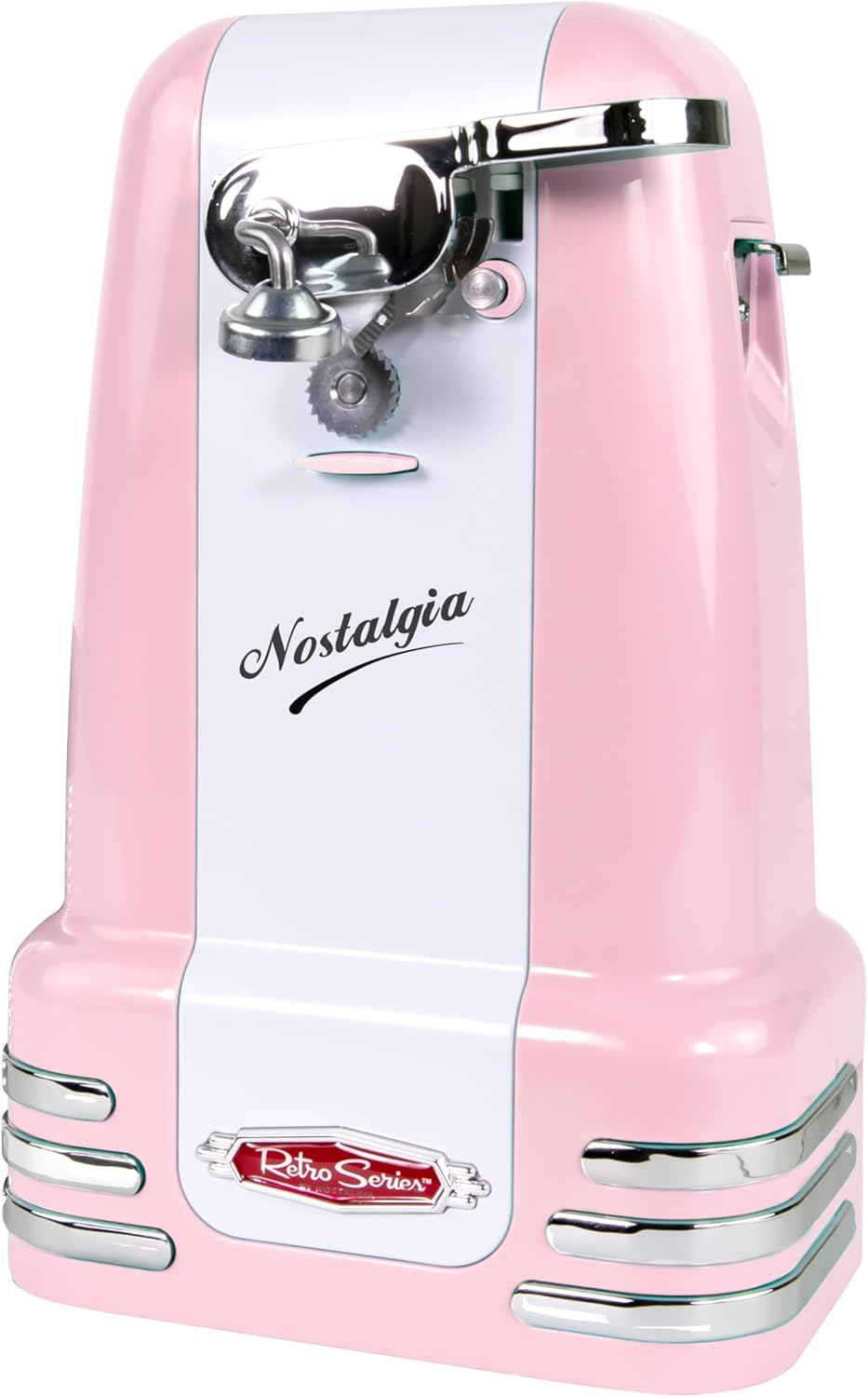 Retro Electric Can Opener for Kitchen with Magnetic Lid Remover, Knife Sharpener, and Soda or Beer Bottle Opener, Pink