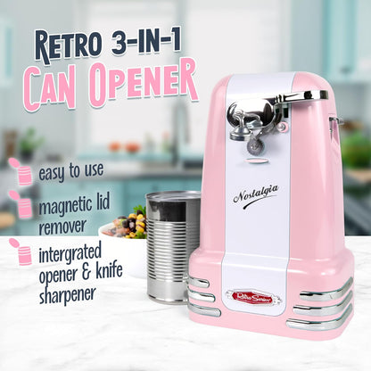 Retro Electric Can Opener for Kitchen with Magnetic Lid Remover, Knife Sharpener, and Soda or Beer Bottle Opener, Pink
