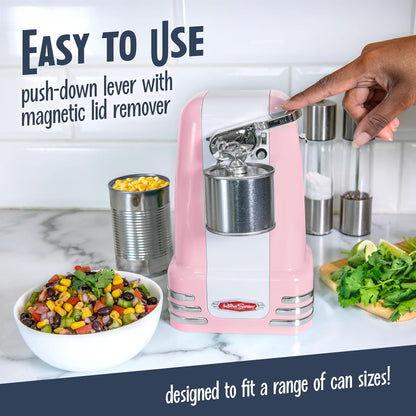 Retro Electric Can Opener for Kitchen with Magnetic Lid Remover, Knife Sharpener, and Soda or Beer Bottle Opener, Pink