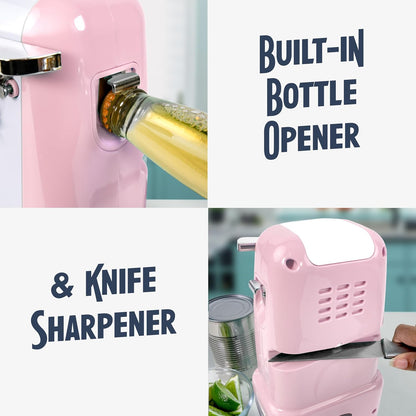 Retro Electric Can Opener for Kitchen with Magnetic Lid Remover, Knife Sharpener, and Soda or Beer Bottle Opener, Pink