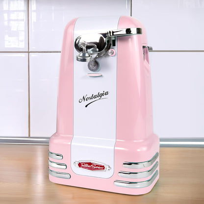 Retro Electric Can Opener for Kitchen with Magnetic Lid Remover, Knife Sharpener, and Soda or Beer Bottle Opener, Pink