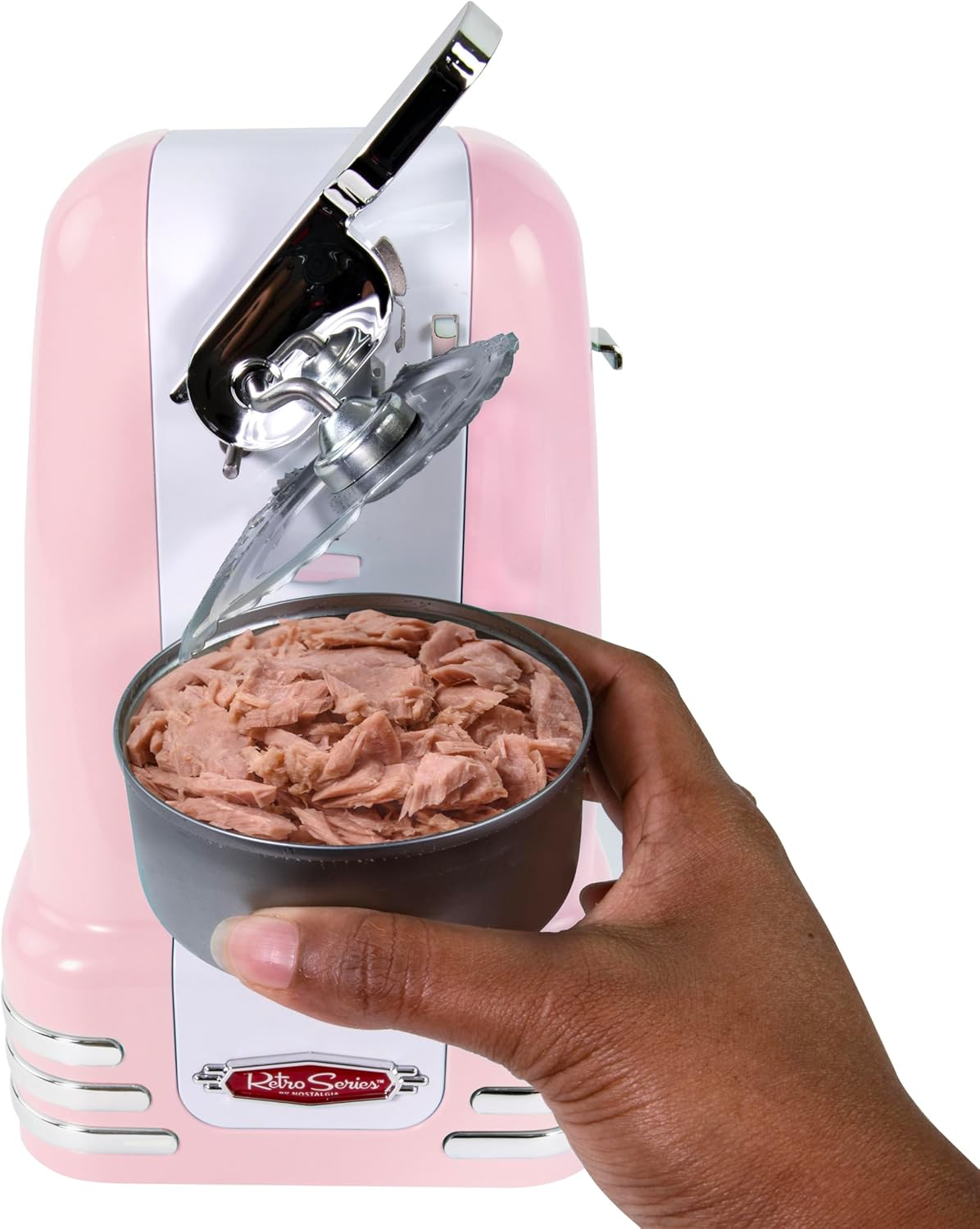 Retro Electric Can Opener for Kitchen with Magnetic Lid Remover, Knife Sharpener, and Soda or Beer Bottle Opener, Pink