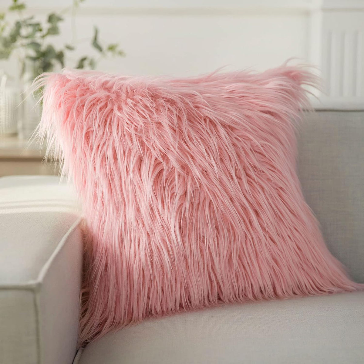 Faux Fur Solid Decorative Pillow Cover Fluffy Throw Pillow Mongolian Luxury Fuzzy Pillow Case Cushion Cover for Bedroom and Couch, Pink 22 x 22 Inches, Pack of 1