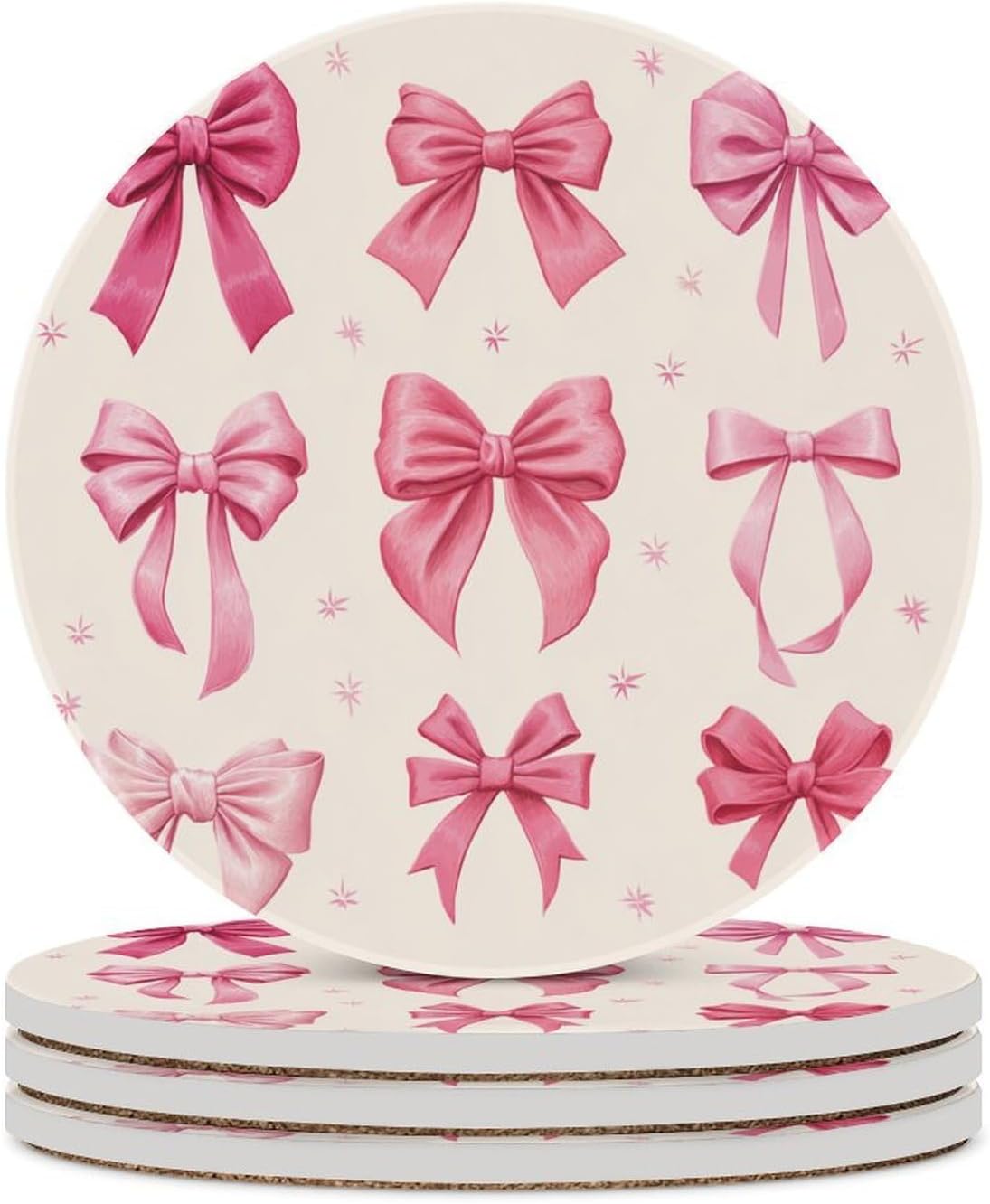 Light Pink Bows in Three Rows Coasters Set of 4 Absorbent Coasters