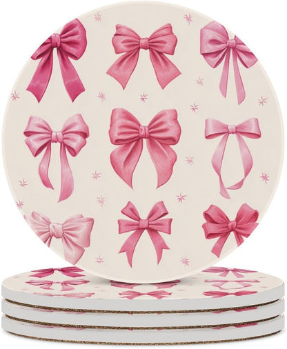 Light Pink Bows in Three Rows Coasters Set of 4 Absorbent Coasters