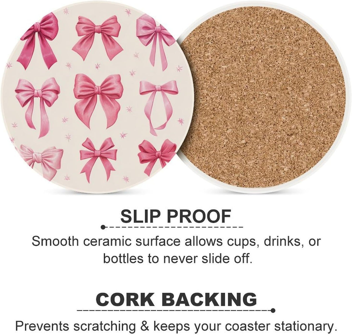 Light Pink Bows in Three Rows Coasters Set of 4 Absorbent Coasters