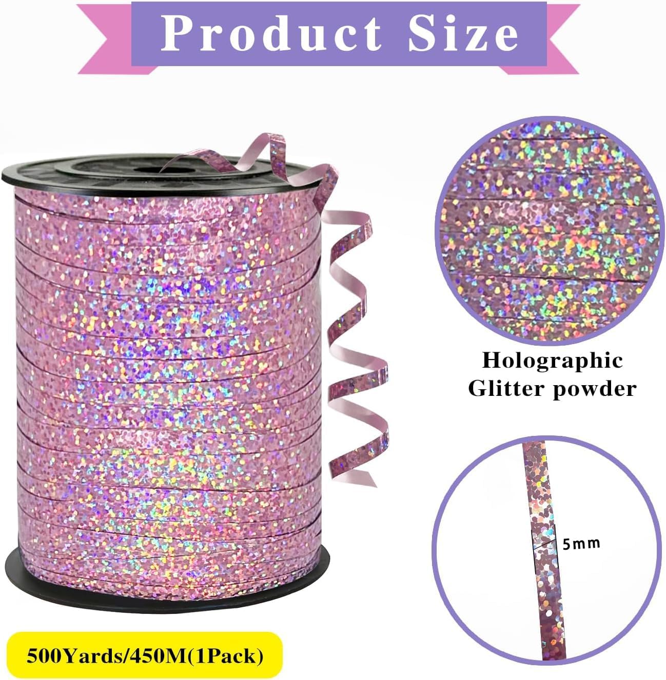 500 Yards Pink Shiny Curling Ribbon, Curly Laser Ribbon for Wedding, Birthday, Christmas Crafts Wrap