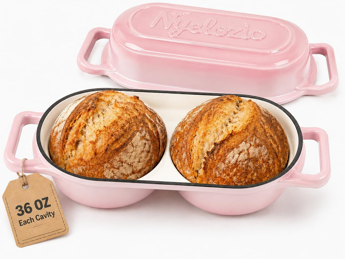Double Dutch Oven for Sourdough Bread Baking – Enameled Cast Iron Bread Loaf Pan for 2 Loaves – 500°F Oven Safe Non-Stick Bread Pot with Lid – Dual Baking Capacity (Pink)