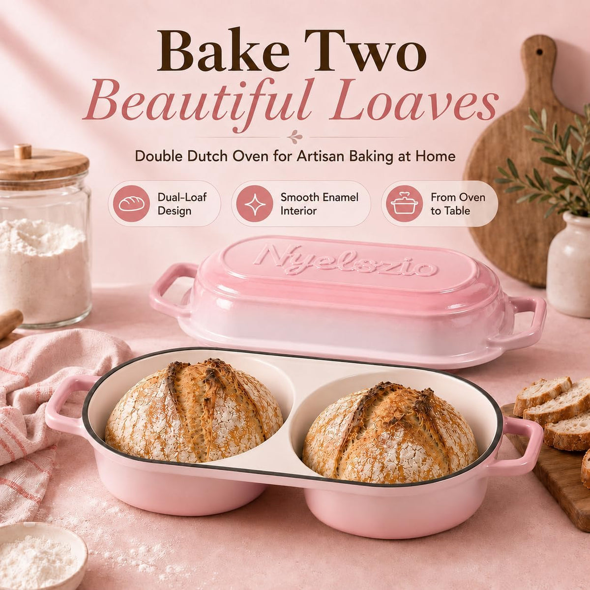 Double Dutch Oven for Sourdough Bread Baking – Enameled Cast Iron Bread Loaf Pan for 2 Loaves – 500°F Oven Safe Non-Stick Bread Pot with Lid – Dual Baking Capacity (Pink)