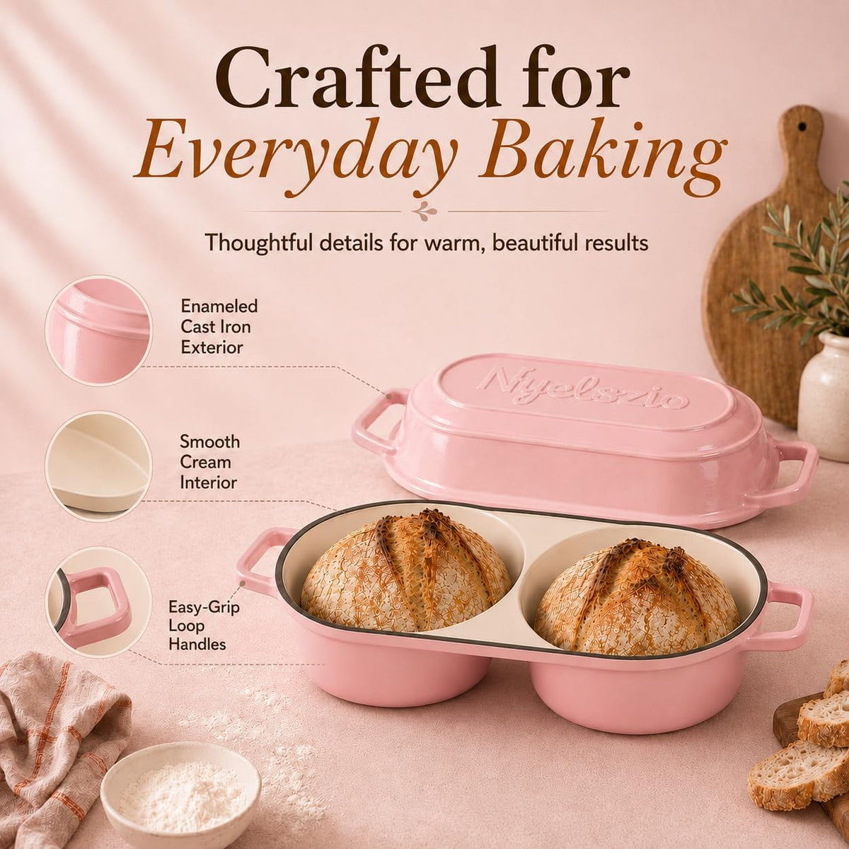 Double Dutch Oven for Sourdough Bread Baking – Enameled Cast Iron Bread Loaf Pan for 2 Loaves – 500°F Oven Safe Non-Stick Bread Pot with Lid – Dual Baking Capacity (Pink)