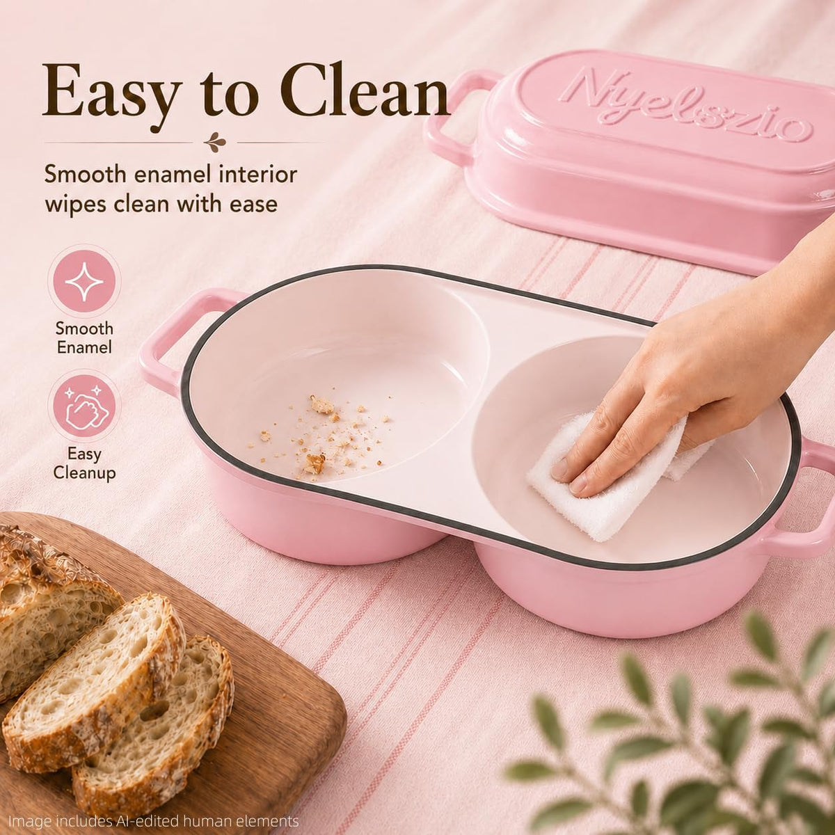 Double Dutch Oven for Sourdough Bread Baking – Enameled Cast Iron Bread Loaf Pan for 2 Loaves – 500°F Oven Safe Non-Stick Bread Pot with Lid – Dual Baking Capacity (Pink)