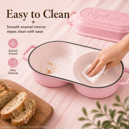 Double Dutch Oven for Sourdough Bread Baking – Enameled Cast Iron Bread Loaf Pan for 2 Loaves – 500°F Oven Safe Non-Stick Bread Pot with Lid – Dual Baking Capacity (Pink)