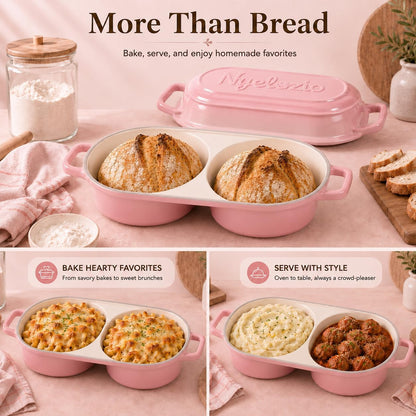 Double Dutch Oven for Sourdough Bread Baking – Enameled Cast Iron Bread Loaf Pan for 2 Loaves – 500°F Oven Safe Non-Stick Bread Pot with Lid – Dual Baking Capacity (Pink)