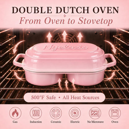 Double Dutch Oven for Sourdough Bread Baking – Enameled Cast Iron Bread Loaf Pan for 2 Loaves – 500°F Oven Safe Non-Stick Bread Pot with Lid – Dual Baking Capacity (Pink)