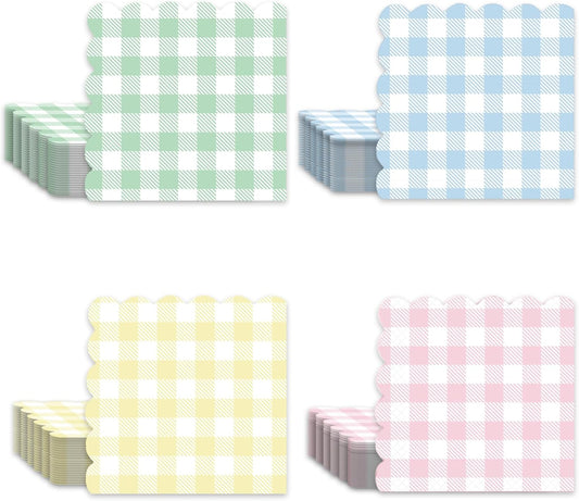 100Pcs Multicolor Scalloped Gingham Napkins, 6.5x6.5 Inch Disposable Paper Cocktail Napkins for Birthday Wedding Summer Pastel Mother's day Party Decor (25 * 4 Colors)