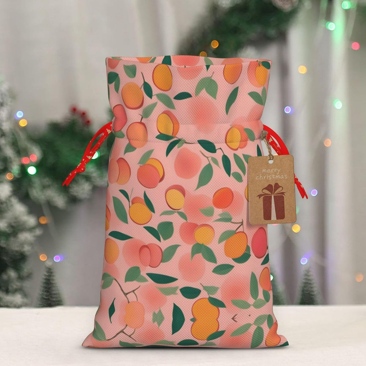 Peach Pattern Seamless 1pcs Christmas Drawstring Tote 4.7x 6.9in,Robust Bag For Gifts And Everyday Used Essentials
