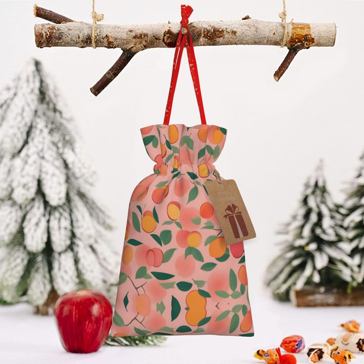 Peach Pattern Seamless 1pcs Christmas Drawstring Tote 4.7x 6.9in,Robust Bag For Gifts And Everyday Used Essentials