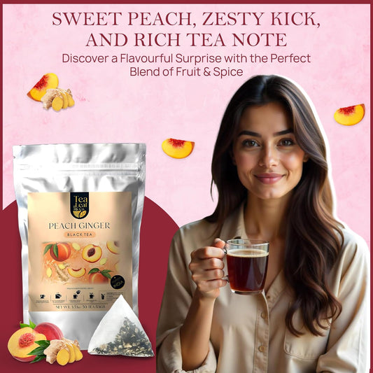 . Peach Ginger Tea Blended with Organic Spices - Organic Black Tea Bags with Ginger & Peach Flavor - Flavored Blend with Low Caffeine - Gluten Free - 50 Teabags