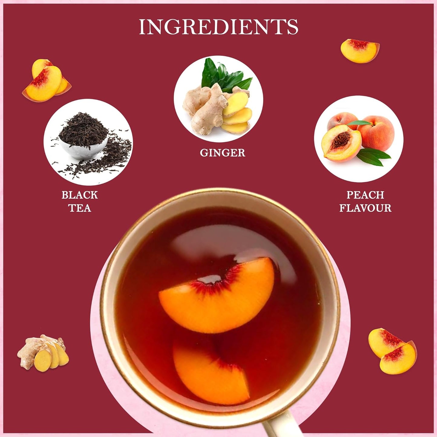 . Peach Ginger Tea Blended with Organic Spices - Organic Black Tea Bags with Ginger & Peach Flavor - Flavored Blend with Low Caffeine - Gluten Free - 50 Teabags