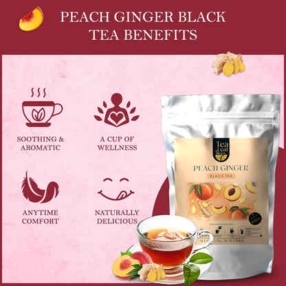 . Peach Ginger Tea Blended with Organic Spices - Organic Black Tea Bags with Ginger & Peach Flavor - Flavored Blend with Low Caffeine - Gluten Free - 50 Teabags