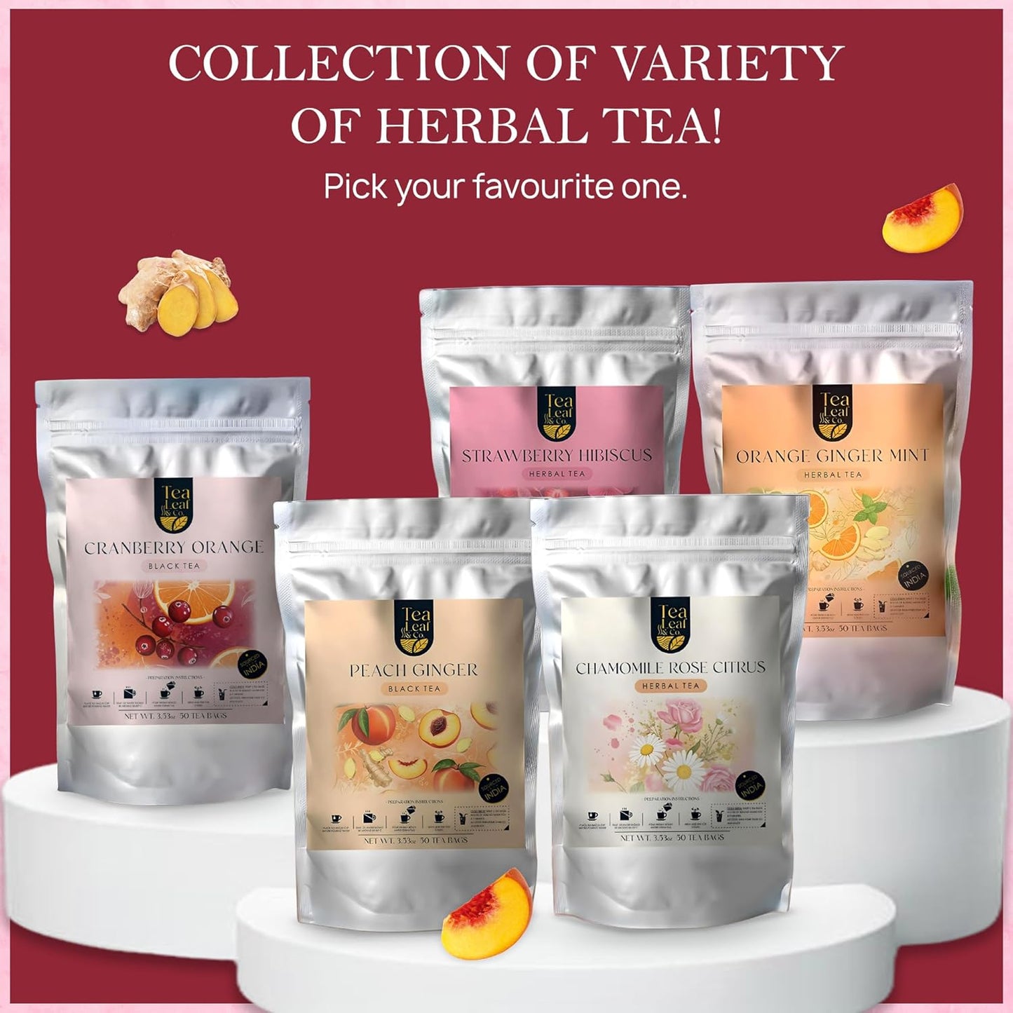 . Peach Ginger Tea Blended with Organic Spices - Organic Black Tea Bags with Ginger & Peach Flavor - Flavored Blend with Low Caffeine - Gluten Free - 50 Teabags