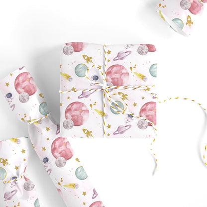 Outer Space Wrapping Paper -Mini Roll- 17 In x 32.8 Ft First Trip Around The Sun Wrap Paper Pink Galaxy Star Craft Papers for Baby Shower Girls Birthday Party Gift Packing Supplies