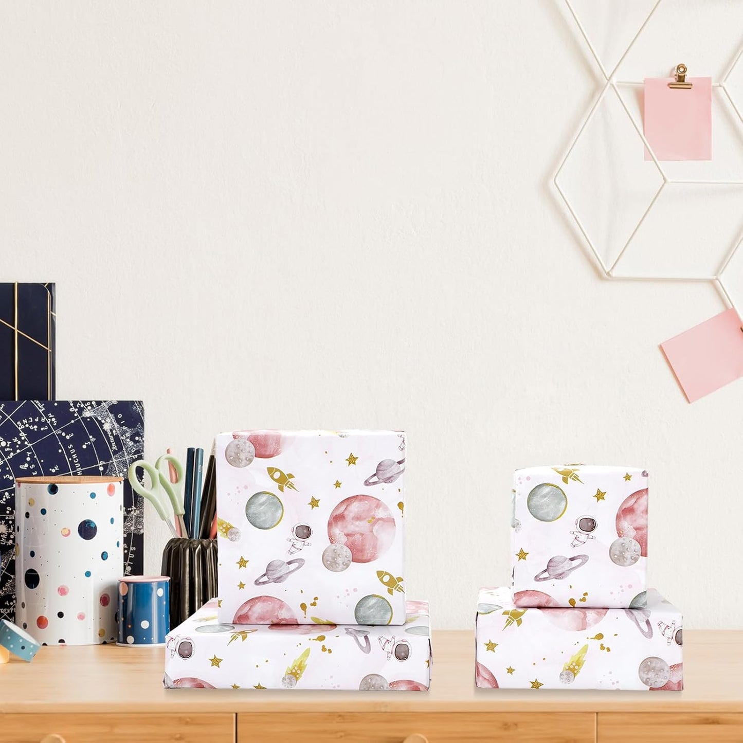 Outer Space Wrapping Paper -Mini Roll- 17 In x 32.8 Ft First Trip Around The Sun Wrap Paper Pink Galaxy Star Craft Papers for Baby Shower Girls Birthday Party Gift Packing Supplies