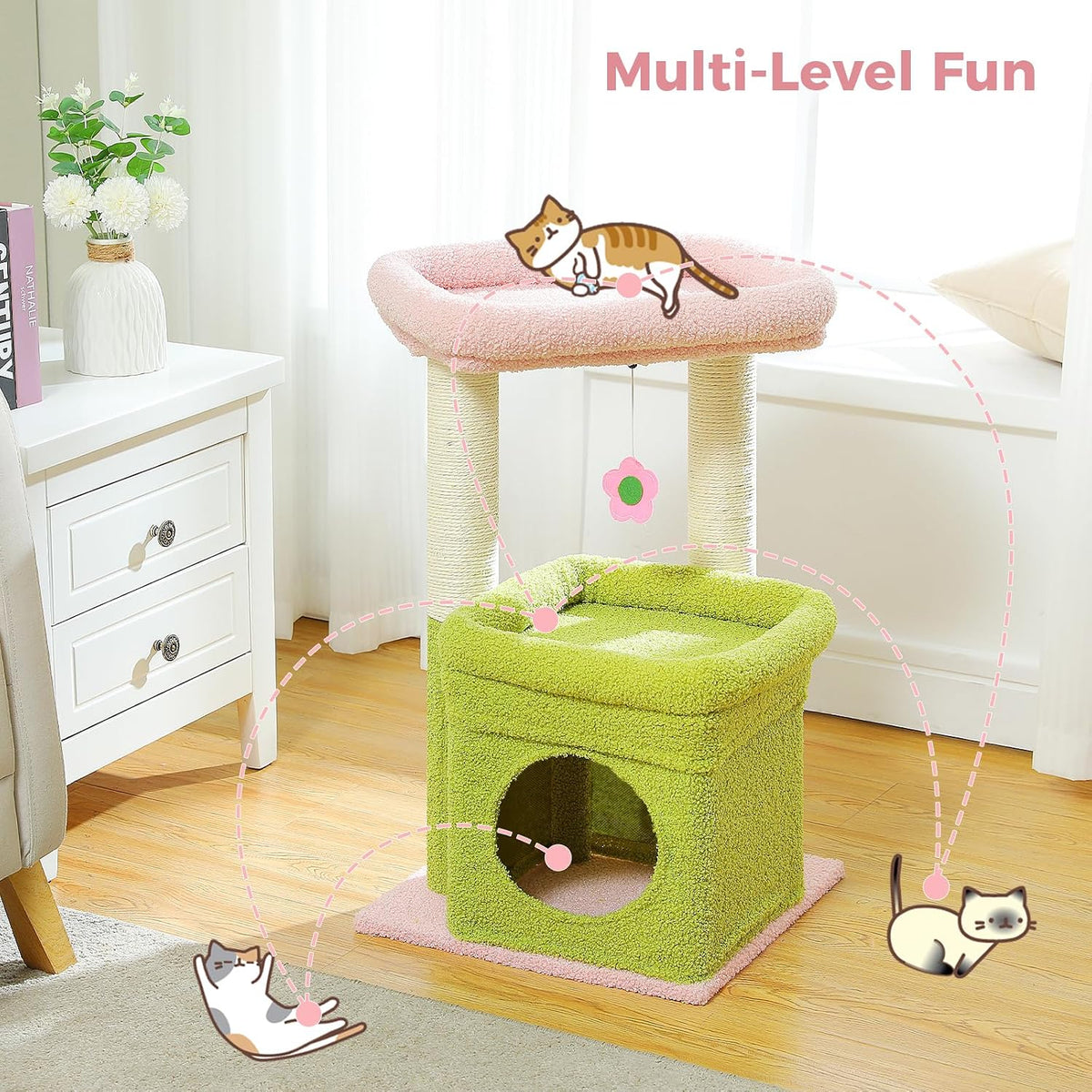 Small Cat Tree Tower for Indoor Cats, Sisal Post & Cozy Condo, Pink