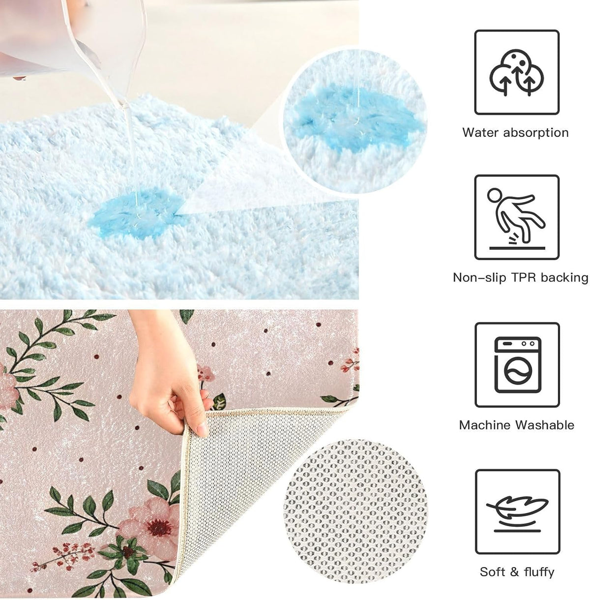 Elegant Flowers Pink Bathroom Mat Rug 24" x 16" Non Slip Super Absorbent Quick Dry Bath Mats for Bathtub Fluffy Rugs