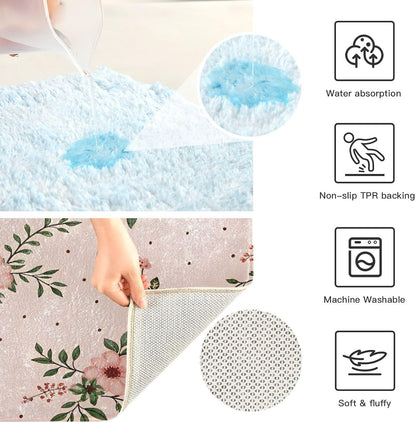 Elegant Flowers Pink Bathroom Mat Rug 24" x 16" Non Slip Super Absorbent Quick Dry Bath Mats for Bathtub Fluffy Rugs