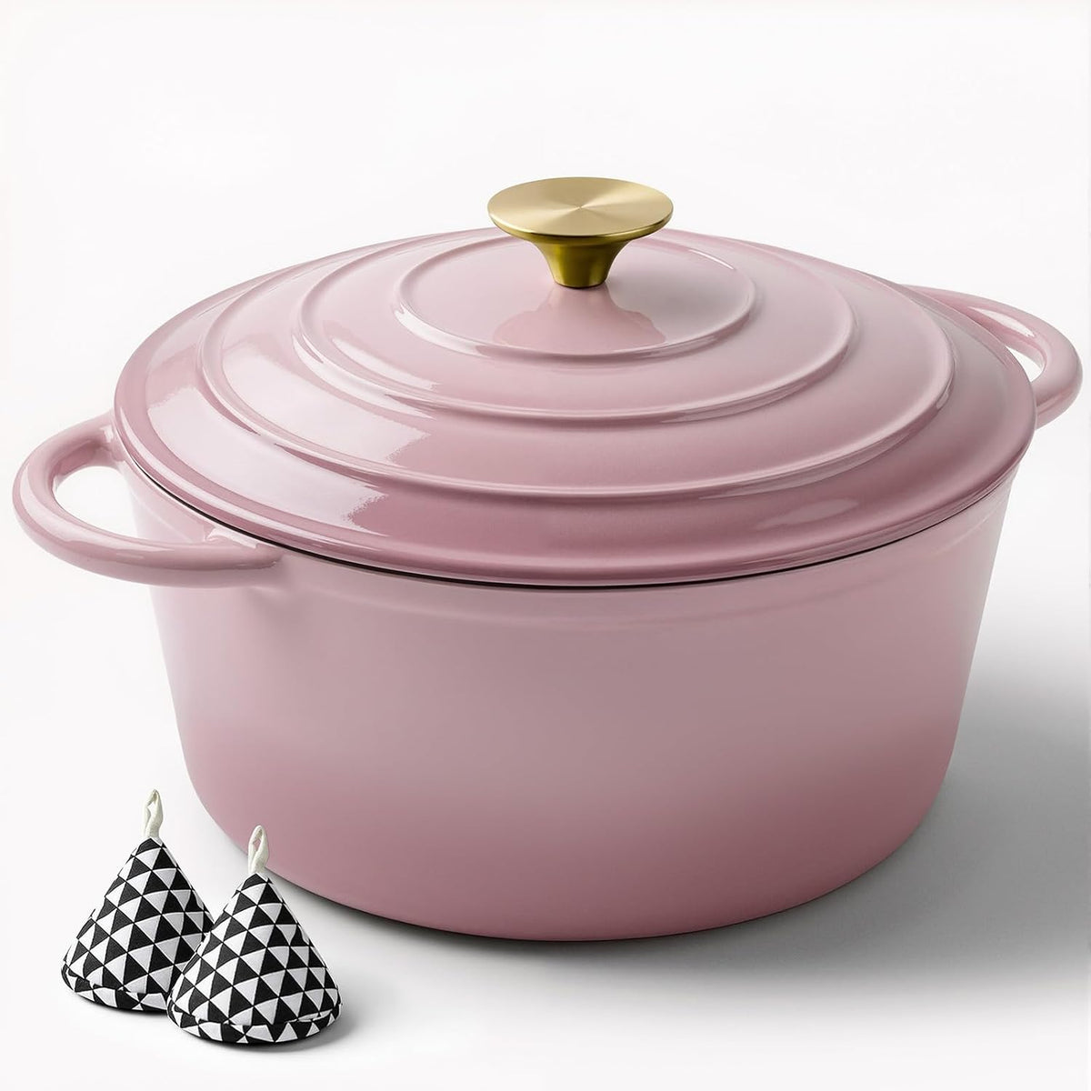 6 Quart Enameled Dutch Oven Pot with Lid, Cast Iron Dutch Oven with Dual Handles for Bread Baking, Cooking, Non-stick Enamel Coated Cookware, Pink