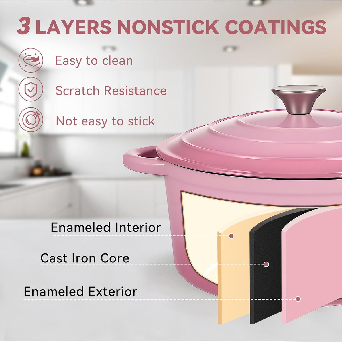 6 Quart Enameled Dutch Oven Pot with Lid, Cast Iron Dutch Oven with Dual Handles for Bread Baking, Cooking, Non-stick Enamel Coated Cookware, Pink