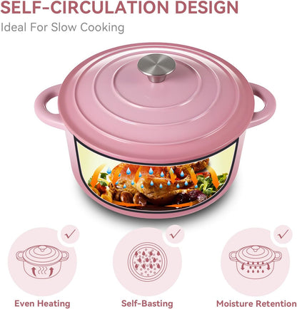 6 Quart Enameled Dutch Oven Pot with Lid, Cast Iron Dutch Oven with Dual Handles for Bread Baking, Cooking, Non-stick Enamel Coated Cookware, Pink